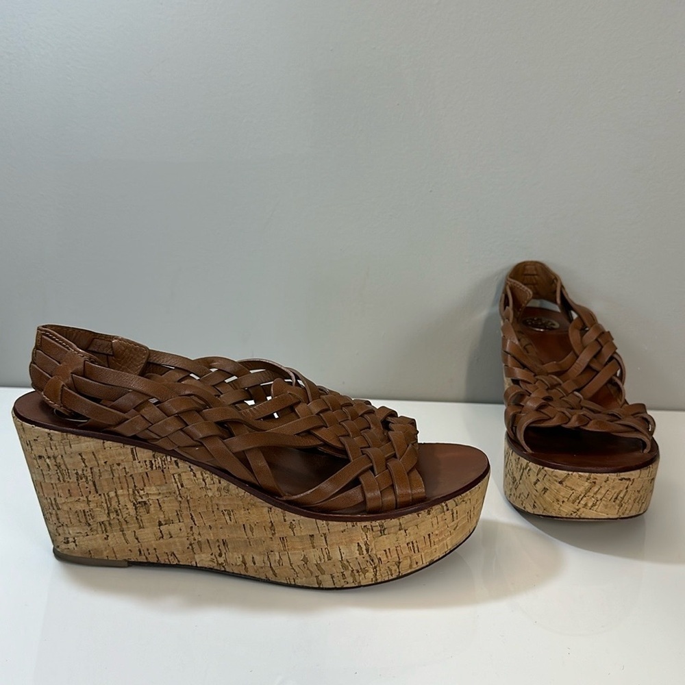 Tory Burch Brown Woven Leather Cork Wedge Sandals